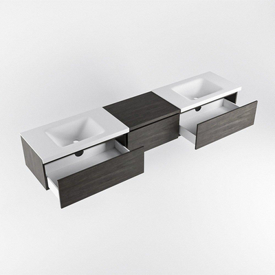 MONDIAZ BUKLA 220cm ensemble de meuble avec module 60 couleur Marron foncé avec 3 tiroirs. Lavabo CLOUD double 2 trous de robinet couleur Talc.