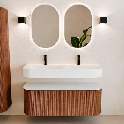 MONDIAZ THOR 120cm meuble de salle de bains arrondi gauche + droite couleur Ruby avec 1 tiroir et 2 portes. Vasque suspendue CLOUD Double 2 trous de robinet couleur Talc.