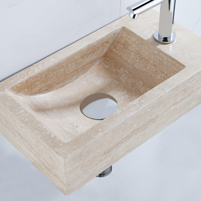Saniclass Fuente Ensemble fontaine - 40x22x10cm - trou de robinet à droite - robinet de fontaine chrome - bouchon de vidange - siphon bas - pierre naturelle marbrée