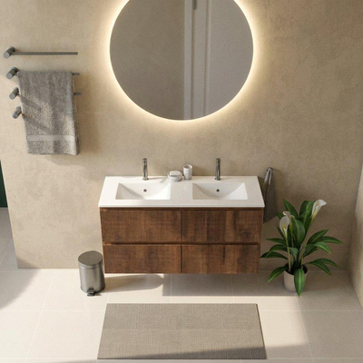 Saniclass Holz Atelier Ensemble de meubles de salle de bains - 120x45x62cm - lavabo Vygo en céramique blanc - 2 vasques - 2 trous de robinetterie - 2 tiroirs - mat walnut pure (bois)