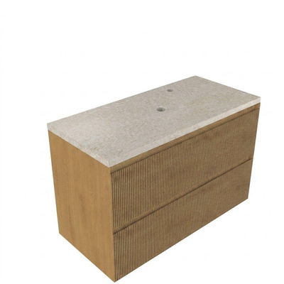 Saniclass Holz Atelier Ensemble de meubles de salle de bains - 100x45x63cm - Plan de travail en pierre naturelle travertin - 1 trou de robinet - 2 tiroirs - chêne naturel mat (bois)