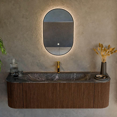 MONDIAZ KURVE-DLUX 150cm badmeubel met module 25 Len R kleur Walnut met 1 lade en 2 deuren. Wastafel BIG MEDIUM midden 1 kraangat kleur Lava.