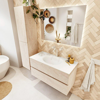 Mondiaz VICA ensemble de meuble de salle de bain - 100cm - meuble sous vasque en aggloméré - 2 tiroirs - lavabo moon milieu - 1 trou de robinet - version haute de 60cm - talc