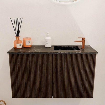 Mondiaz JOYA-DLUX 70cm toiletmeubel - kleur Walnut - Wastafel FAYE positie Rechts 1 kraangat kleur Lava.