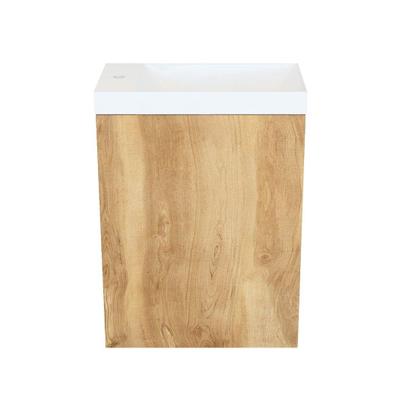 Arcqua Marble Ensemble fontaine - 40x22x54.5cm - fontaine blanc brillant - avec trop-plein - chêne naturel