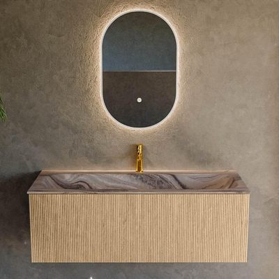 MONDIAZ KURVE-DLUX 120cm badmeubel kleur Oak met 1 lade en 0 deuren. Wastafel BIG LARGE Midden 1 kraangat Sombra.