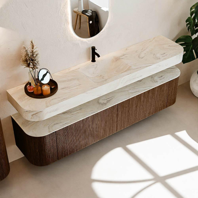 MONDIAZ THOR-DLUX 200cm badmeubel ronding links + rechts kleur Walnut met 2 lades en 2 deuren. Vrijhangende wastafel CLOUD Midden 1 kraangat kleur Ostra.