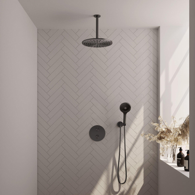 BRAUER Gunmetal Carving douche de pluie encastrée thermostatique - 3 voies - rond - set 84 - douche de tête 30cm - bras de plafond - douchette 3 jets - flexible de douche - coude de raccord mural - gunmetal brossé PVD