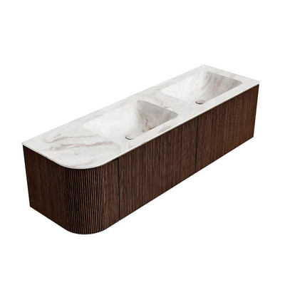 MONDIAZ KURVE-DLUX meuble de salle de bains 155cm avec module 25 L couleur Walnut avec 2 tiroirs et 1 porte. Lavabo LEAF double / à droite sans trou de robinet couleur Frappe.