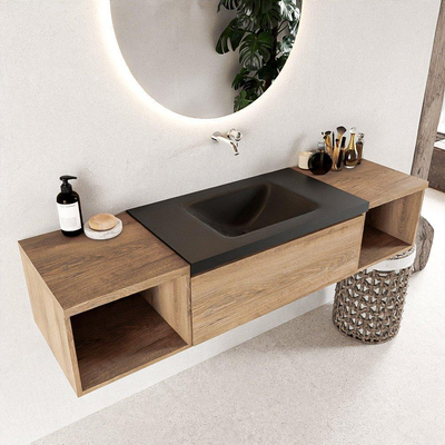 Mondiaz bukla ensemble de meubles de salle de bain 160x45x34cm 0 robinetterie lavabo moyen surface solide urbaine sans poignée 2 tiroirs avec fermeture douce mélamine chêne lavé