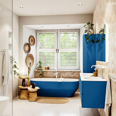 Mondiaz VICA ensemble de meuble de salle de bain - 130cm - meuble sous-vasque jeans - 2 tiroirs - lavabo moon double - 2 trous de robinet - couleur talc - miroir LED - version XL 60cm de haut