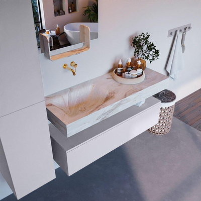 Mondiaz ALAN-DLUX Ensemble de meuble - 120cm - meuble Cale mat - 1 tiroir - Lavabo Cloud Frappe suspendu - vasque Gauche - 0 trous de robinet