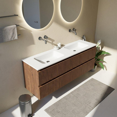 Saniclass Holz Atelier Ensemble meuble de salle de bains - 160x45x77.5cm - lavabo Torino en solid surface blanc - sans trou de robinet - 4 tiroirs - noyer pure mat (bois)