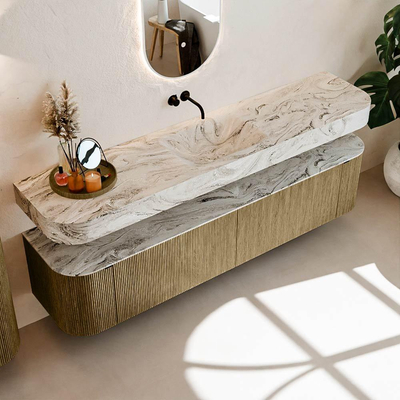 MONDIAZ THOR-DLUX 200cm meuble de salle de bains arrondi gauche + droite couleur Dusk avec 2 tiroirs et 2 portes. Vasque suspendue CLOUD Centre sans trou de robinet couleur Glace.