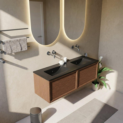 Saniclass Holz Frame Ensemble de meubles de salle de bains - 140x45x42cm - lavabo Vygo en céramique noir - 2 vasques - sans trous de robinetterie - 2 tiroirs - walnut pure mat (bois)
