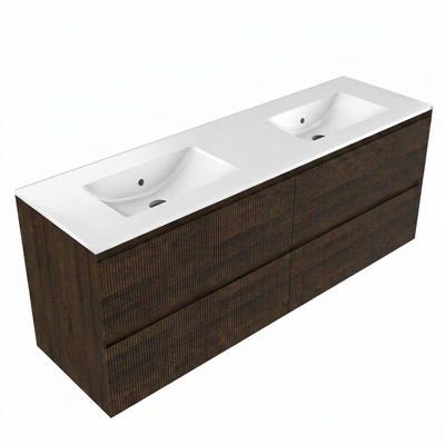 Saniclass Holz Atelier Ensemble de meubles de salle de bains - 160x45x62cm - Lavabo Vygo en céramique blanc - 2 vasques - sans trous de robinetterie - 4 tiroirs - chêne charcoal mat (bois)