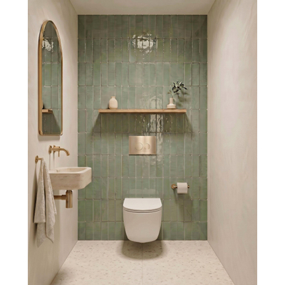 QeramiQ Dely Swirl Toiletset - 36.3x51.7cm - diepspoel - rimless - Geberit UP720 Duofix Sigma inbouwreservoir -slim zitting - geborsteld messing bedieningsplaat - ronde knoppen - mat wit