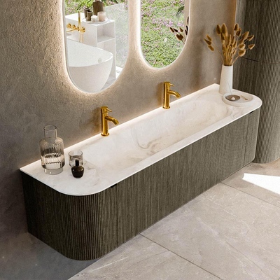 Mondiaz KURVE-DLUX Ensemble de meuble salle de bain - 170x46x40cm - 1 tiroir - 2 portes - lavabo en solid surface - milieu - 2 trous de robinet - Shadow