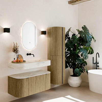 MONDIAZ THOR-DLUX Meuble de salle de bains 100cm arrondi gauche + droite couleur Dusk avec 1 tiroir et 2 portes. Vasque suspendue CLOUD droite sans trou de robinet couleur Ostra.