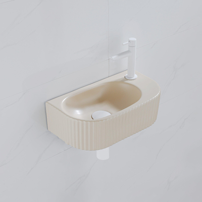 Fugaflow Efficiente Pietra Ensemble lave-mains – 40 x 21,5 x 12 cm – droite – nervuré – demi-rond – 1 trou pour robinet – céramique – robinet pour lave-mains blanc mat – bonde d’évacuation – siphon extra-plat – beige