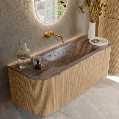 MONDIAZ KURVE-DLUX 120cm badmeubel ronding Links + Rechts kleur Oak met 1 lade en 2 deuren. Wastafel BIG SMALL Midden zonder kraangat Oza.