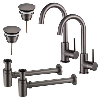 FugaFlow Eccelente Sobrado Badkamer Wastafelkraanset - voor dubbele wastafel - hoge wastafelkraan - draaibare uitloop - always open plug - verlaagde design sifon - PVD Gepolijst Gunmetal