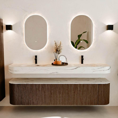 MONDIAZ THOR-DLUX Meuble de salle de bains 190cm arrondi gauche + droite couleur Walnut avec 2 tiroirs et 2 portes. Vasque suspendue CLOUD Double 2 trous de robinet couleur Nata.