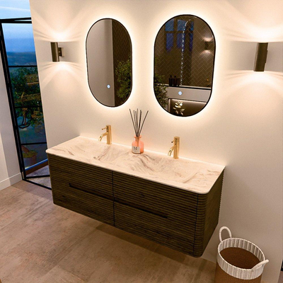 Mondiaz CIRO-DLUX Badkamermeubelset - 140x45x50cm - Solid surface wastafel Frappe - 2 wasbak Dubbel - 2 kraangaten - 4 lades - Shadow