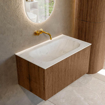 MONDIAZ KURVE-DLUX 80cm Meuble salle de bain - couleur Walnut - 1 tiroir - vasque BIG SMALL centre - sans trou de robinet - couleur Opalo