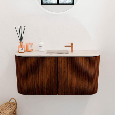 Mondiaz JOYA-DLUX 83.2cm meuble de toilette - arrondis gauche et droite couleur Ruby - Vasque FAYE position Milieu 1 trou de robinet couleur Nata.