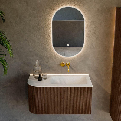 MONDIAZ KURVE Meuble de salle de bains 85 cm avec module 25 L couleur Walnut avec 1 tiroir et 1 porte. Lavabo CLOUD à droite sans trou de robinet Talc.