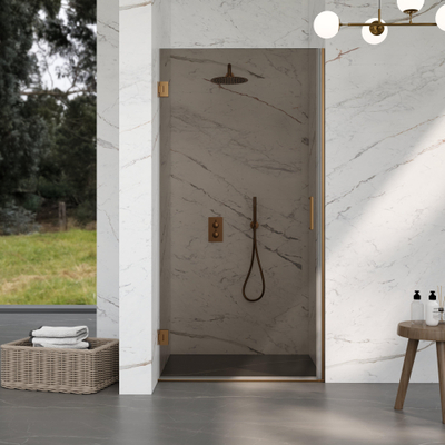 FugaFlow Eccelente Vetro Porte de douche - 90x200cm - charnières - poignée de porte - plate - verre fumé - cuivre brossé PVD (Cuivre)