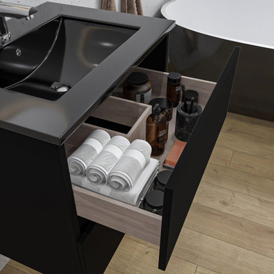 Adema Chaci Ensemble de meuble - 60x46x57cm - 1 vasque en céramique noire - 1 trou de robinet - 2 tiroirs - armoire de toilette - noir mat
