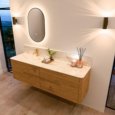 Mondiaz CIRO-DLUX Ensemble de meubles de salle de bains - 170x45x50cm - Plan-vasque Solid Surface Ostra - 1 bac à gauche - 1 trou de robinet - 4 tiroirs - Chêne