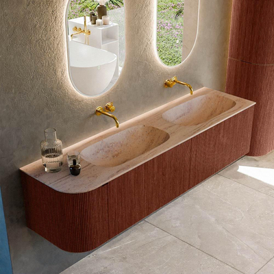 MONDIAZ KURVE-DLUX Meuble de salle de bains 175cm arrondi à gauche couleur Ruby avec 2 tiroirs et 1 porte. Lavabo STOR SMALL Double / Droite sans trou de robinet Saba.