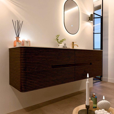 Mondiaz CIRO-DLUX Ensemble de meubles de salle de bains - 170x45x50cm - Plan-vasque Solid surface Meli - 1 lavabo à droite - 1 trou de robinet - 4 tiroirs - Noyer