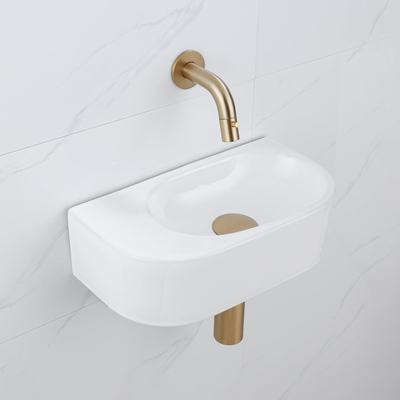 QeramiQ Fuente Ensemble de Lavabo - 40x21.5x12cm - lisse - demi-rond - céramique - ensemble de robinet en laiton brossé - bouchon de vidange - siphon réduit - blanc brillant