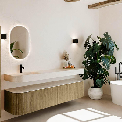 MONDIAZ THOR-DLUX 200cm meuble de salle de bains arrondi gauche + droite couleur Dusk avec 2 tiroirs et 2 portes. Vasque suspendue CLOUD Gauche 1 trou de robinet couleur Meli.