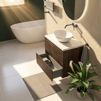 Saniclass Holz Atelier Ensemble meuble de salle de bains - 80x45x63cm - Plan vasque en marbre Dia poli (blanc) - sans trou de robinet - 2 tiroirs - chêne charcoal mat (bois)