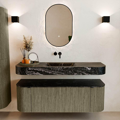 MONDIAZ THOR-DLUX 140cm meuble de salle de bains arrondi gauche + droite couleur Shadow avec 1 tiroir et 2 portes. Vasque suspendue CLOUD Milieu sans trou de robinet couleur Lava.