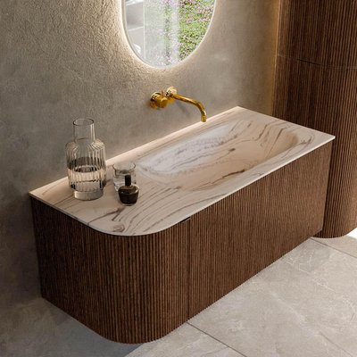 MONDIAZ KURVE-DLUX 105cm badmeubel ronding Links kleur Walnut met 1 lade en 1 deur. Wastafel BIG SMALL Rechts zonder kraangat Nata.