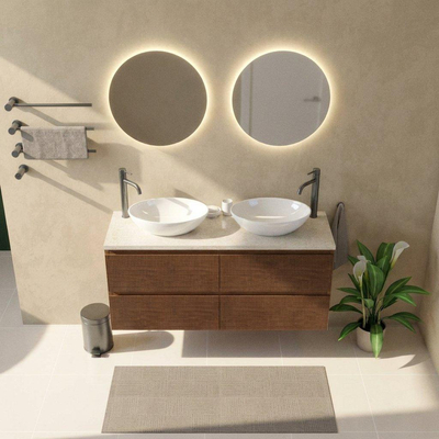 Saniclass Holz Atelier Ensemble de meubles de salle de bains - 140x45x63cm - Plan de travail en pierre naturelle travertin - 2 trous de robinet - 4 tiroirs - walnut pure mat (bois)