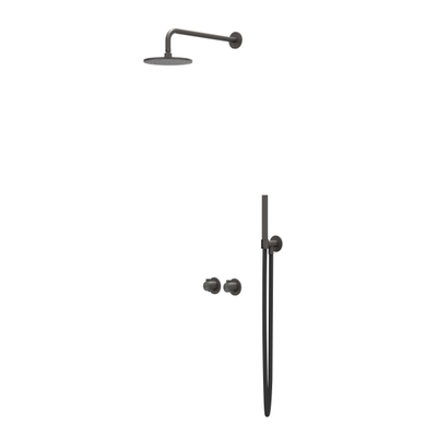 IVY Tribe Ensemble de douche de pluie - encastré - symmetry - inverseur-arrêt 2 voies - bras de plafond 20 cm - douche de tête medium 30 cm - support avec sortie - flexible de douche 150 cm - douchette bâton - RVS316 - noir carbone brossé PVD