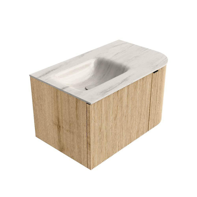 MONDIAZ KURVE-DLUX Meuble de salle de bains 75cm arrondi à droite couleur Chêne avec 1 tiroir et 1 porte. Lavabo GRUNNE à gauche 1 trou de robinet Meli.