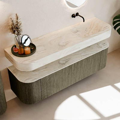 MONDIAZ THOR-DLUX 160cm meuble de salle de bains arrondi gauche + droite couleur Shadow avec 1 tiroir et 2 portes. Vasque suspendue CLOUD Droite sans trou de robinet couleur Ostra.