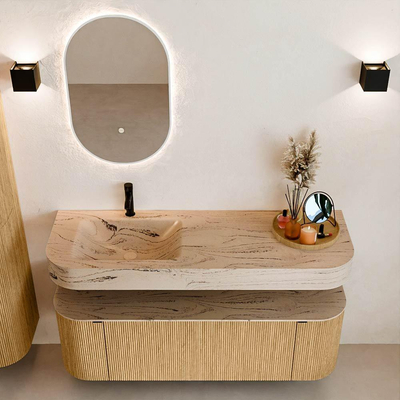 MONDIAZ THOR-DLUX 140cm badmeubel ronding links + rechts kleur Oak met 1 lade en 2 deuren. Vrijhangende wastafel CLOUD Links 1 kraangat kleur Arena.