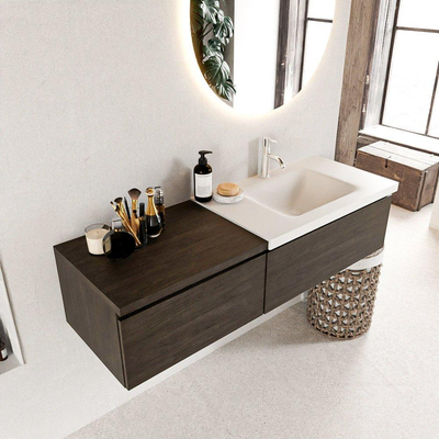 MONDIAZ BUKLA meuble de salle de bains 140 cm avec module 60 couleur Dark Brown avec 2 tiroirs. Lavabo CLOUD à droite 1 trou de robinet couleur Talc.