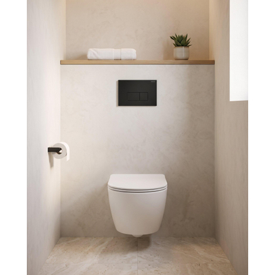 Pack WC QeramiQ Dely Swirl Compact - réservoir encastrable Geberit UP320 - avec bâti-support Burda - abattant slim - plaque de commande en plastique noir mat - boutons rectangulaires - blanc brillant