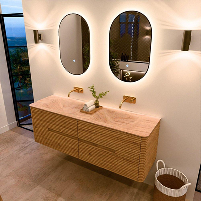 Mondiaz CIRO-DLUX Badkamermeubelset - 150x45x50cm - Solid surface wastafel Saba - 2 wasbak Dubbel - zonder kraangaten - 4 lades - Oak