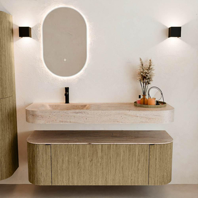 MONDIAZ THOR-DLUX 140cm meuble de salle de bains arrondi gauche + droite couleur Dusk avec 1 tiroir et 2 portes. Vasque suspendue CLOUD gauche 1 trou de robinet couleur Saba.